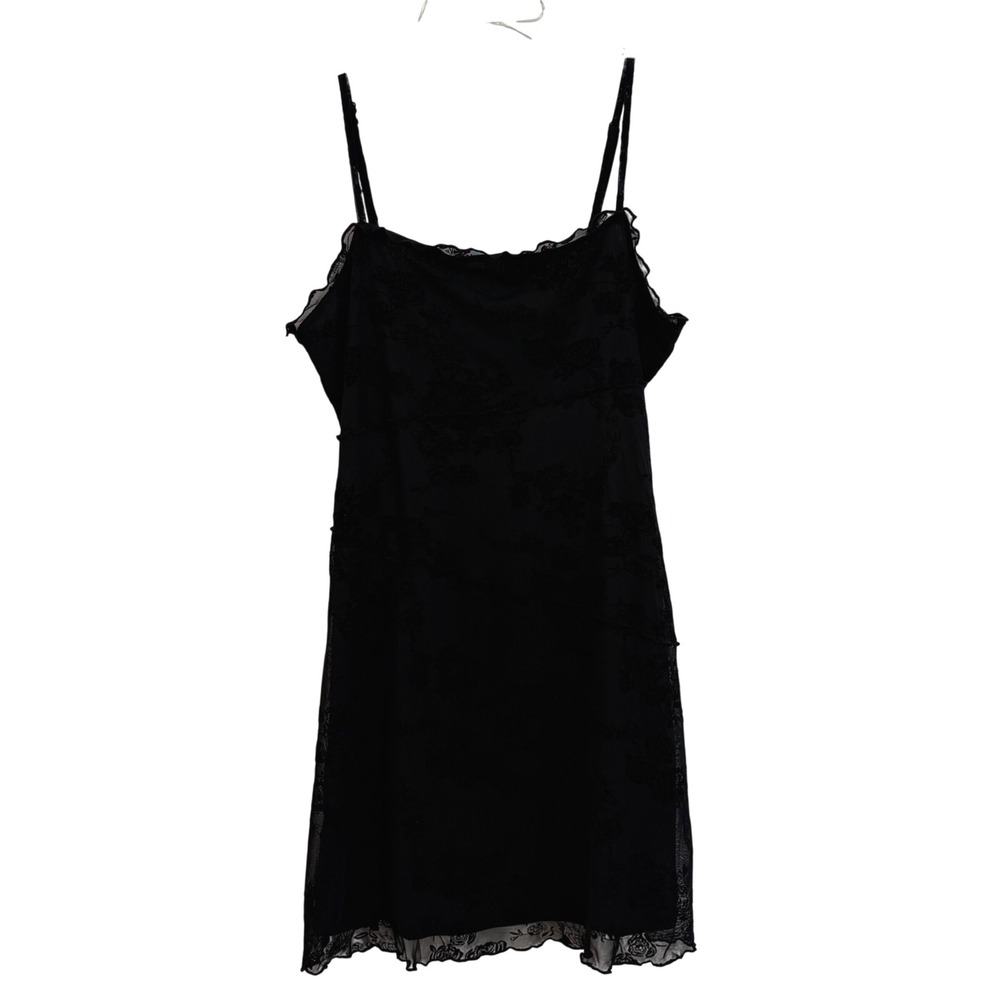 Black Floral Lace Mesh Burnout Lined Mini Dress Camisole Adjustable Straps XL